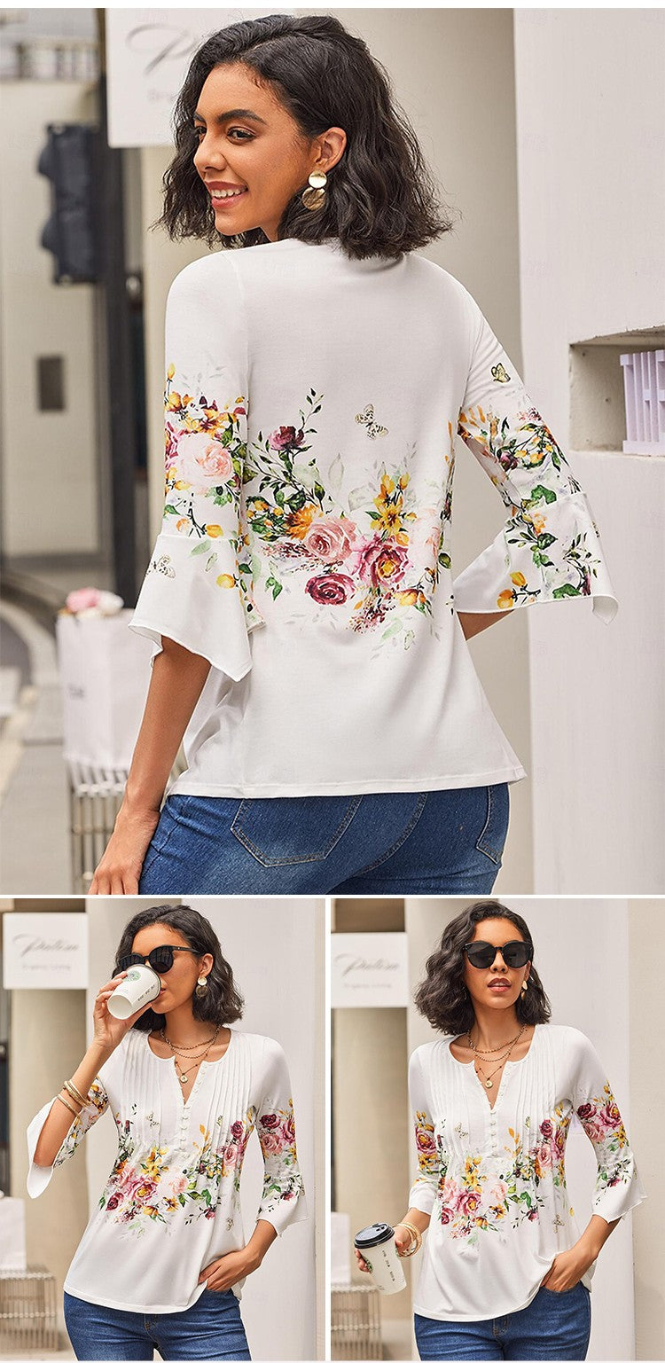 Romance Printanière | Blouse fluide à col V fleuri