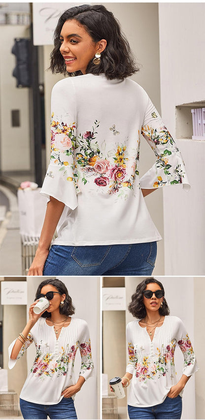 Romance Printanière | Blouse fluide à col V fleuri