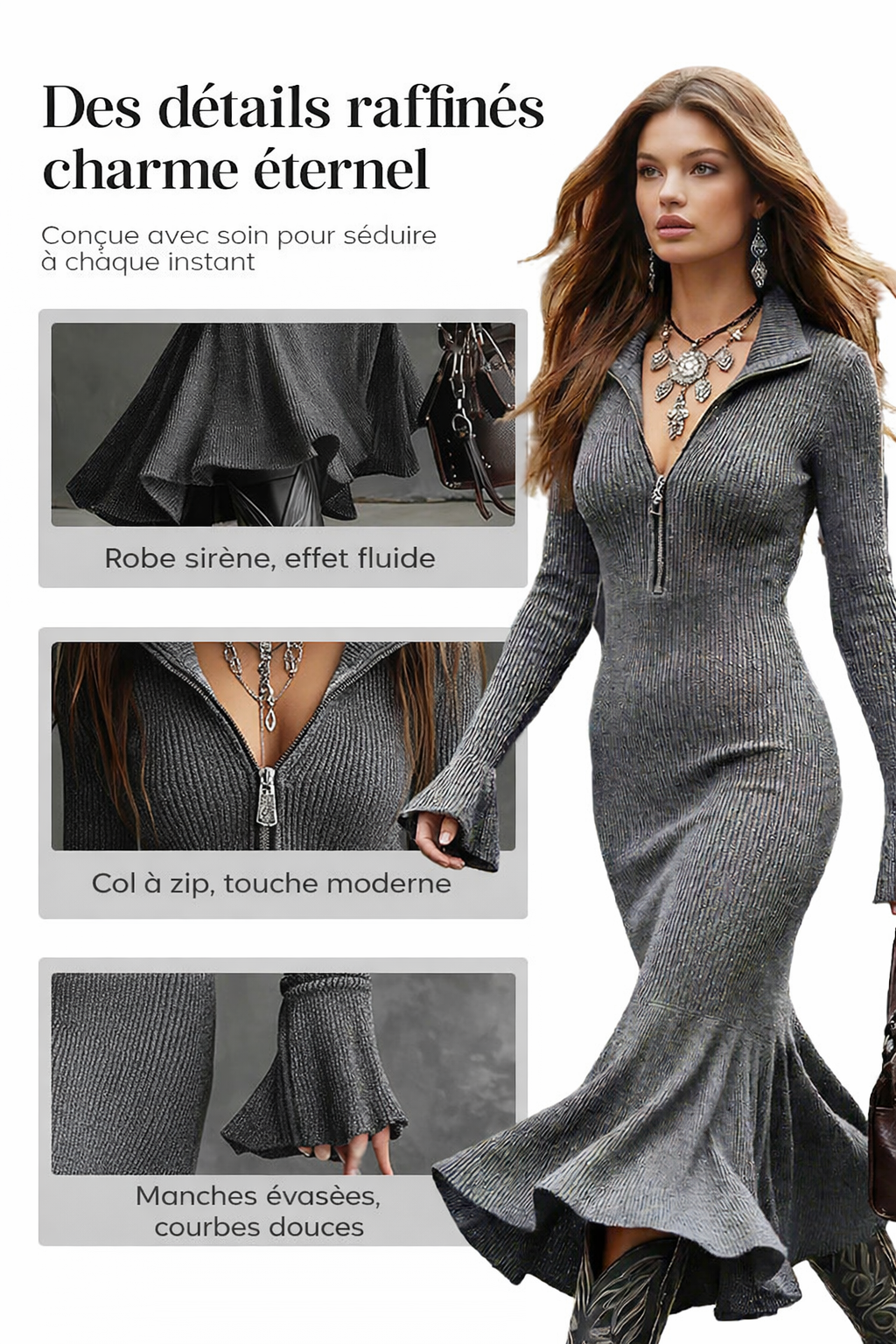 Luna | Robe sirène élégante à manches larges et fermeture éclair