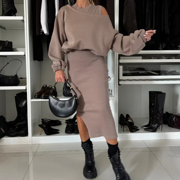 Bordeaux | Ensemble féminin : robe ajustée + sweat décontracté