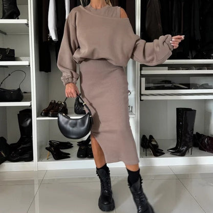 Bordeaux | Ensemble féminin : robe ajustée + sweat décontracté