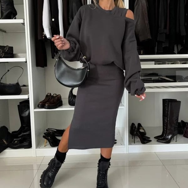 Bordeaux | Ensemble féminin : robe ajustée + sweat décontracté