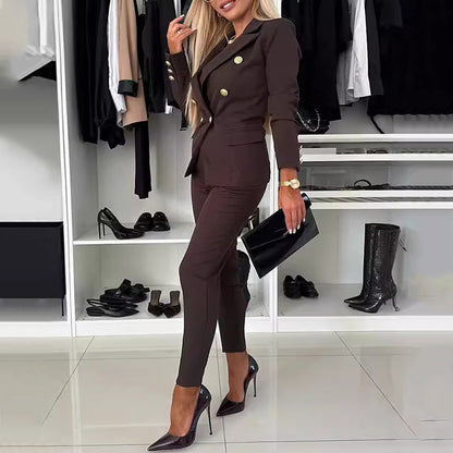 Élégance Dorée | Ensemble Blazer Croisé et Pantalon Ajusté