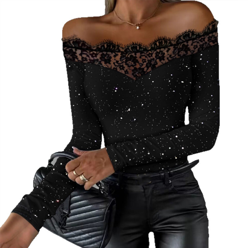Luna Élégance  | Top femme chic en dentelle avec col épaules nues et finition scintillante