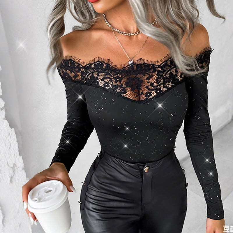 Luna Élégance  | Top femme chic en dentelle avec col épaules nues et finition scintillante