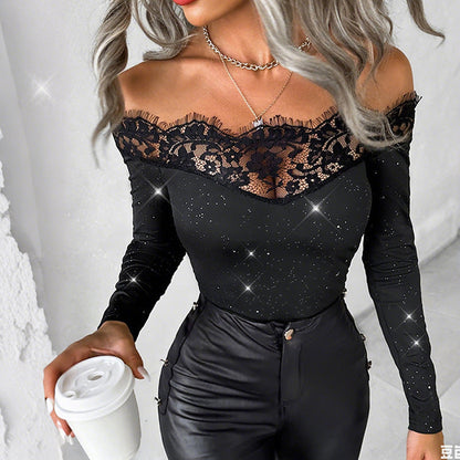 Luna Élégance  | Top femme chic en dentelle avec col épaules nues et finition scintillante